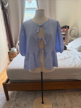 Blue Gingham Tie-Front Peplum Top - Women